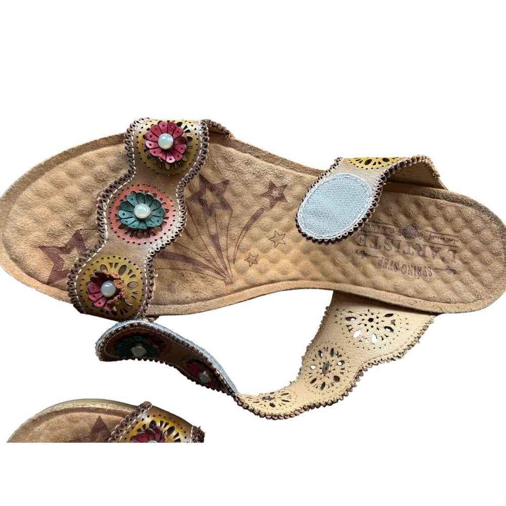 Spring Step L'Artiste Womens Tan‎ Floral Leather Slide Sandals Size 40 US 9-9.5 - Picture 3 of 11